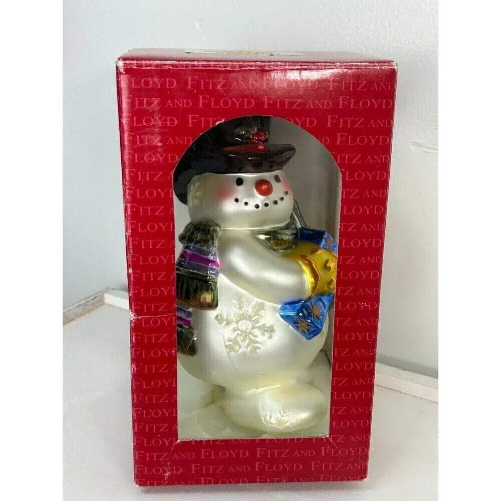 Vintage Fitz And Floyd Frosty Flakes Snowman Large Hand Blown Glass Ornament Rk